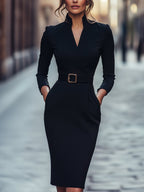 Women's Belted Wrap V Neck Elegant Slim Fit Midi Dress™ – Elegante Silhouette für jeden Anlass