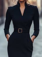 Women's Belted Wrap V Neck Elegant Slim Fit Midi Dress™ – Elegante Silhouette für jeden Anlass