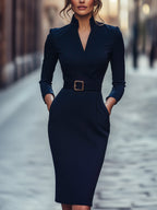 Women's Belted Wrap V Neck Elegant Slim Fit Midi Dress™ – Elegante Silhouette für jeden Anlass