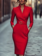 Women's Belted Wrap V Neck Elegant Slim Fit Midi Dress™ – Elegante Silhouette für jeden Anlass